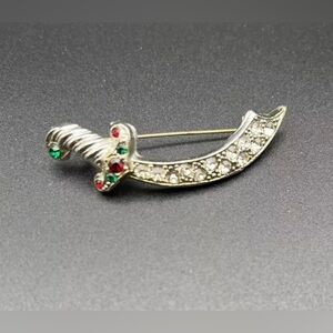 Vintage Brooch Masonic Scimitar Pirate Sword Silvertone Red Green Clear Cosplay
